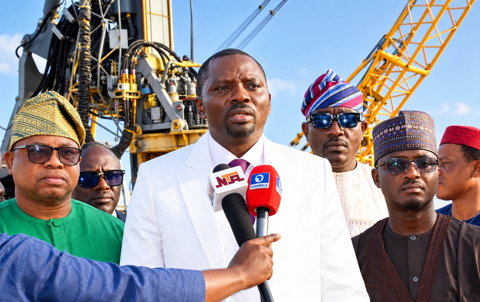 Industrial press briefing beneath a crane
