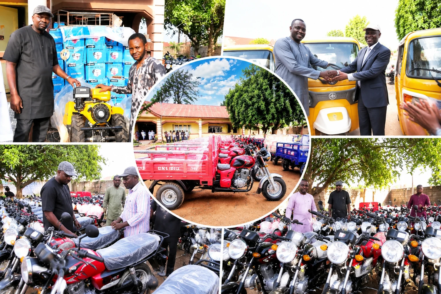 Tricycles and motorcycles displayed during an equipment distribution event